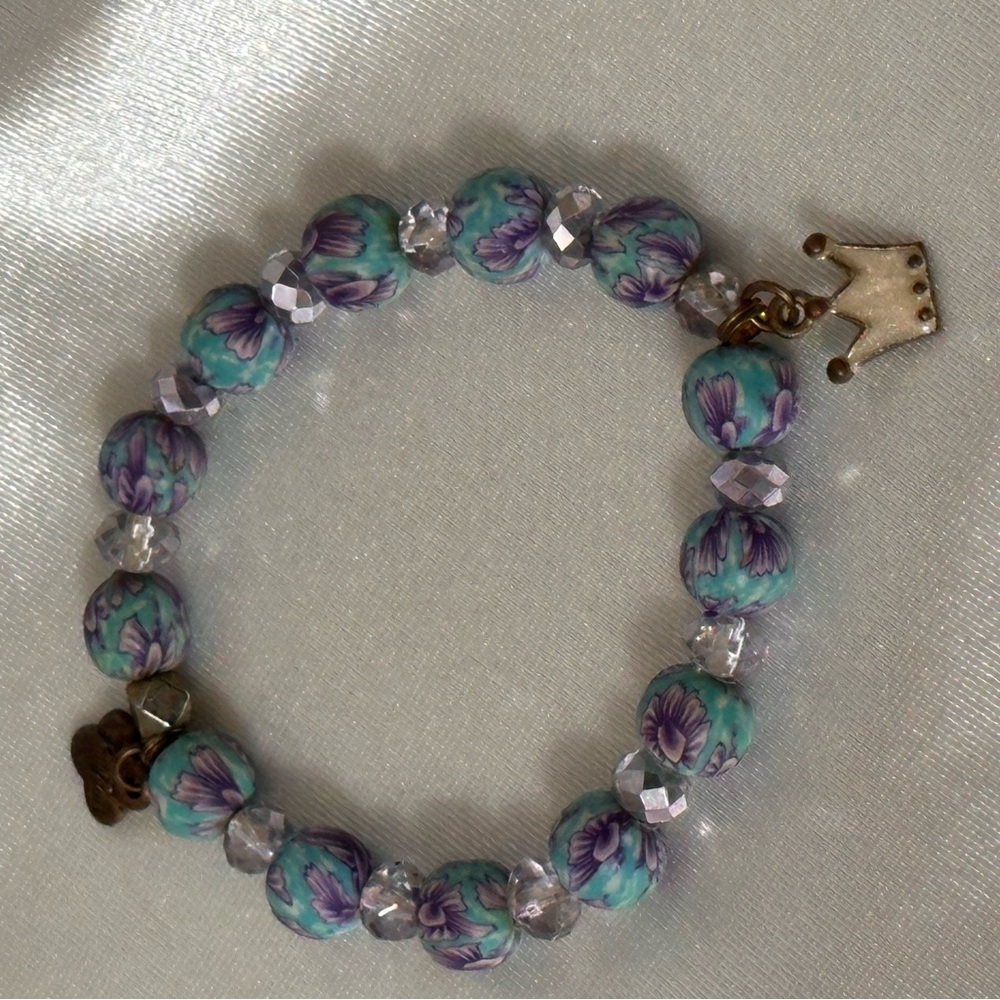 Turquoise and Purple Floral Beaded Bracelet with Crown Charm